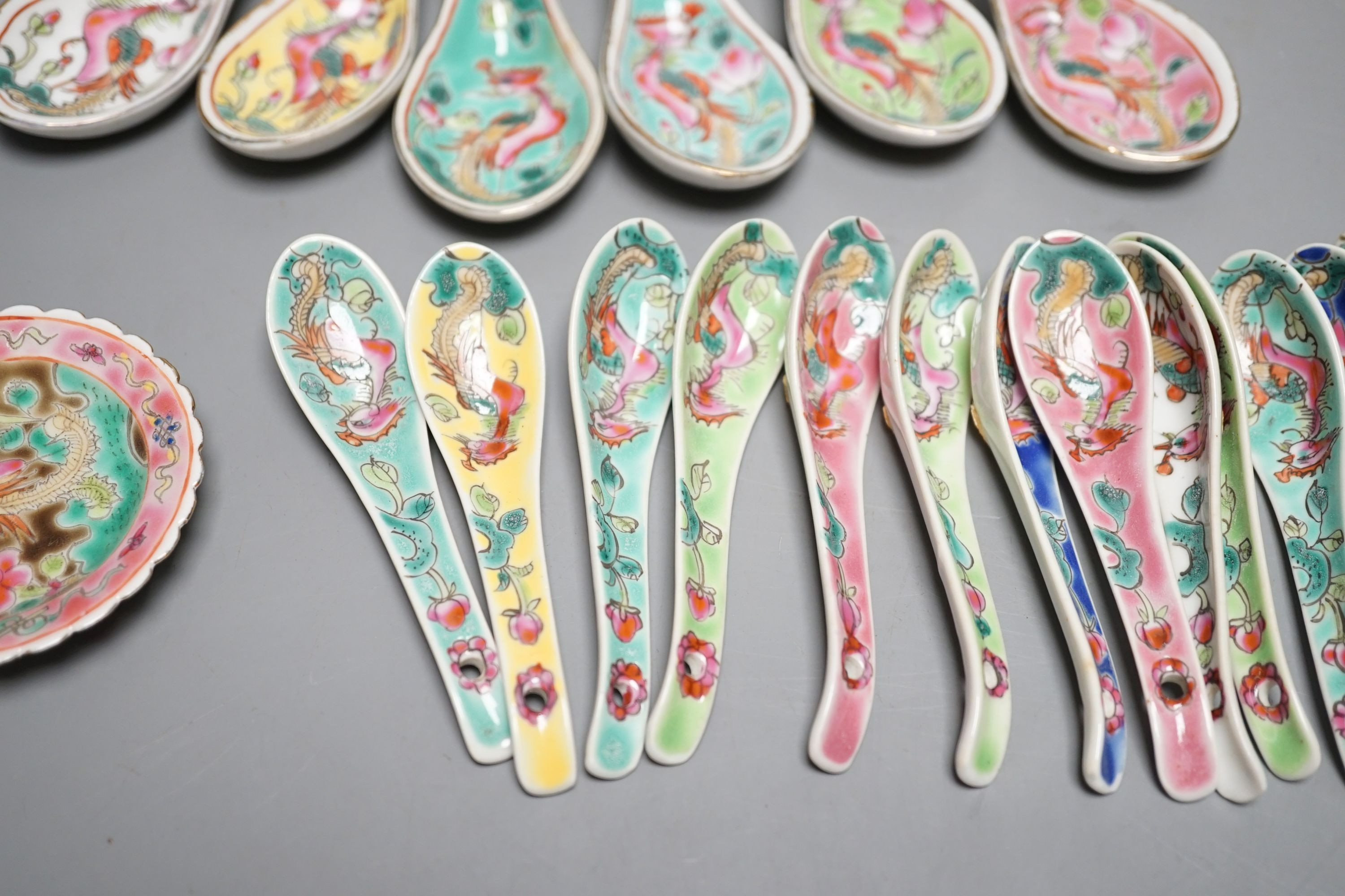 A collection of Chinese Straits porcelain spoons and a dish